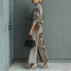 Casual Warm Velour Long-sleeved Solid Color High-neck Zipper Wide-leg Sportswear - DanaFashionstore