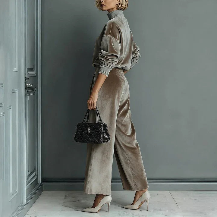 Casual Warm Velour Long-sleeved Solid Color High-neck Zipper Wide-leg Sportswear - DanaFashionstore