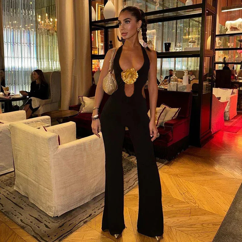 Lace-Up Golden 3D Flower Jumpsuit 2026 - One-Piece Trousers - DanaFashionstore