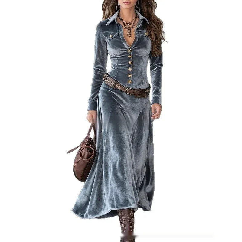 Women's Retro Elegant Long-Sleeve Dress With Metal Buttons - DanaFashionstore