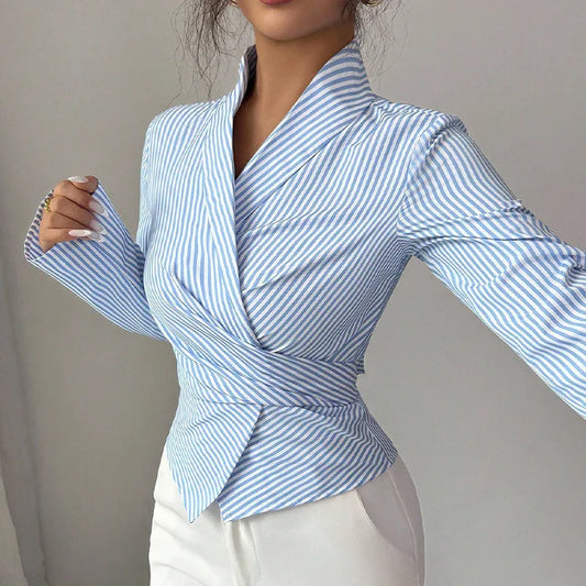 Striped Long-Sleeve Elegant Strap Women's Blouse - DanaFashionstore