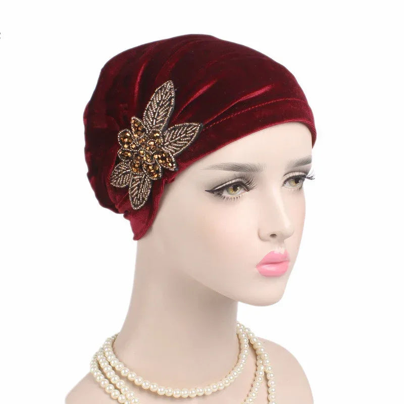 Beaded Flower Accessories Turban Hat Velvet Pleated Hood - DanaFashionstore