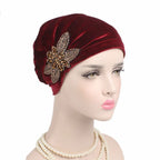 Beaded Flower Accessories Turban Hat Velvet Pleated Hood - DanaFashionstore