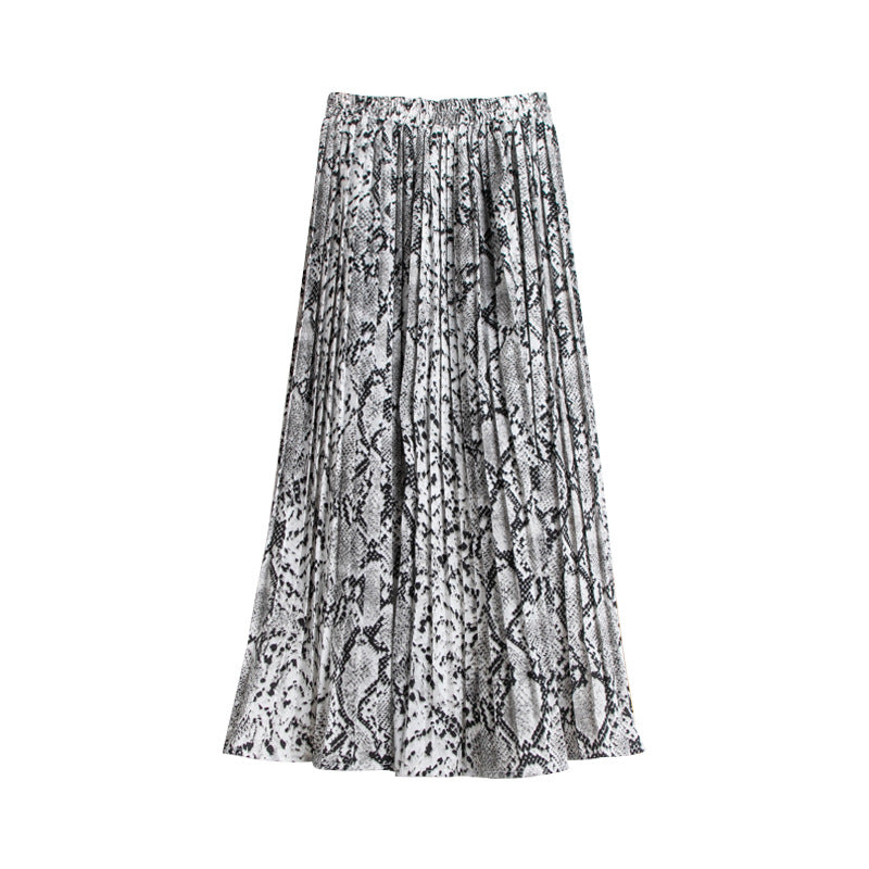 European And American Snake Print Pleated Skirt With High Waist And Slimming