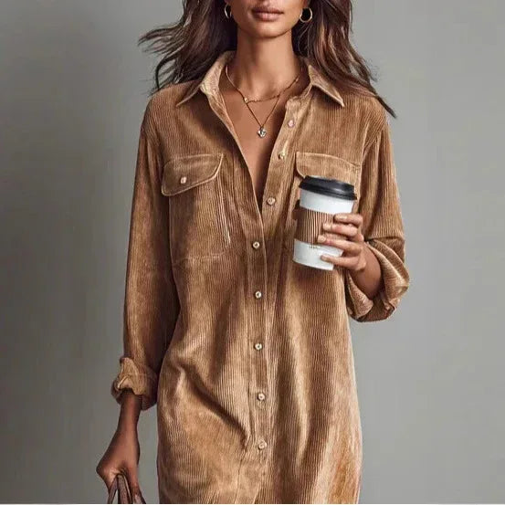 Turn-Down Collar Buttons Chic Casual Dress, Women Spring Autumn Solid Simple Party Dress, Long Sleeve Holiday Ladies Dress - DanaFashionstore