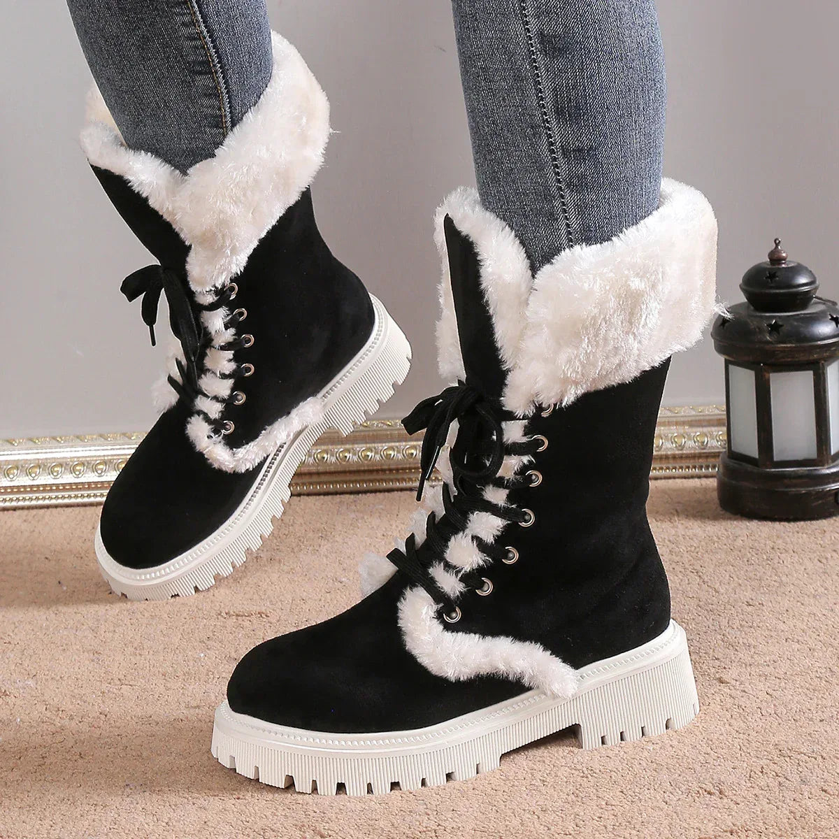 Winter Lace-up Snow Boots For Women Mid-tube Fleece Shoes Warm Chunky Heels Plush Boot - DanaFashionstore