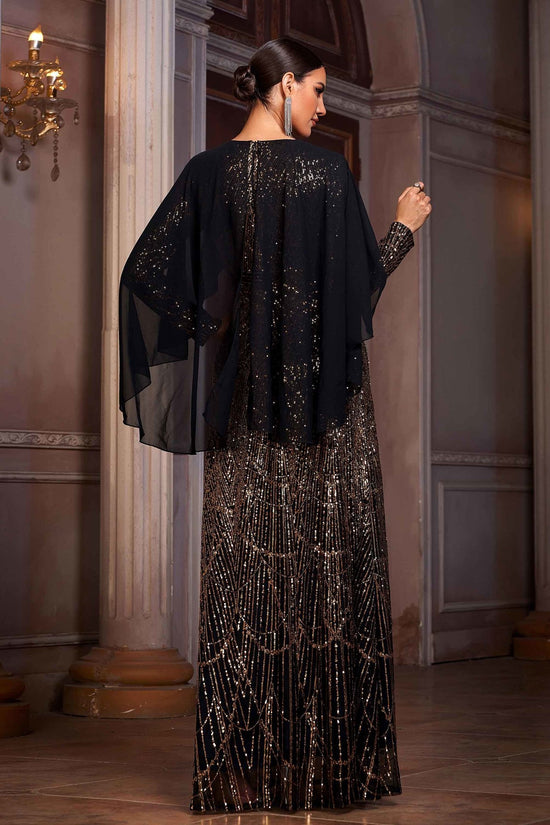 Elegant Long Sleeve Round Neck Shawl Banquet Sequined A- Line Evening Dress