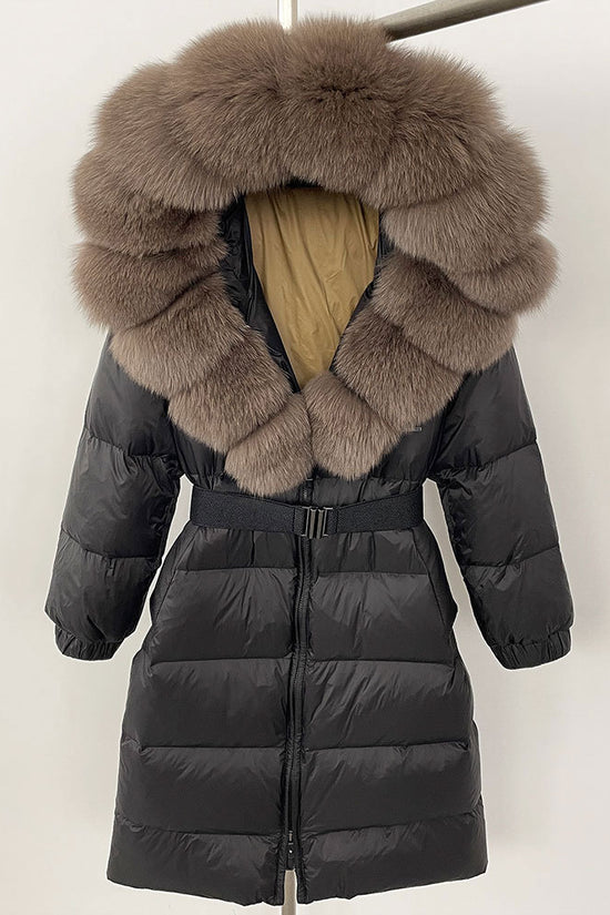 Women's Long Cinched Hoodie Real Fox Fur Collar Coat