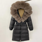 Women's Long Cinched Hoodie Real Fox Fur Collar Coat 2026 - Winter Jacket - DanaFashionstore