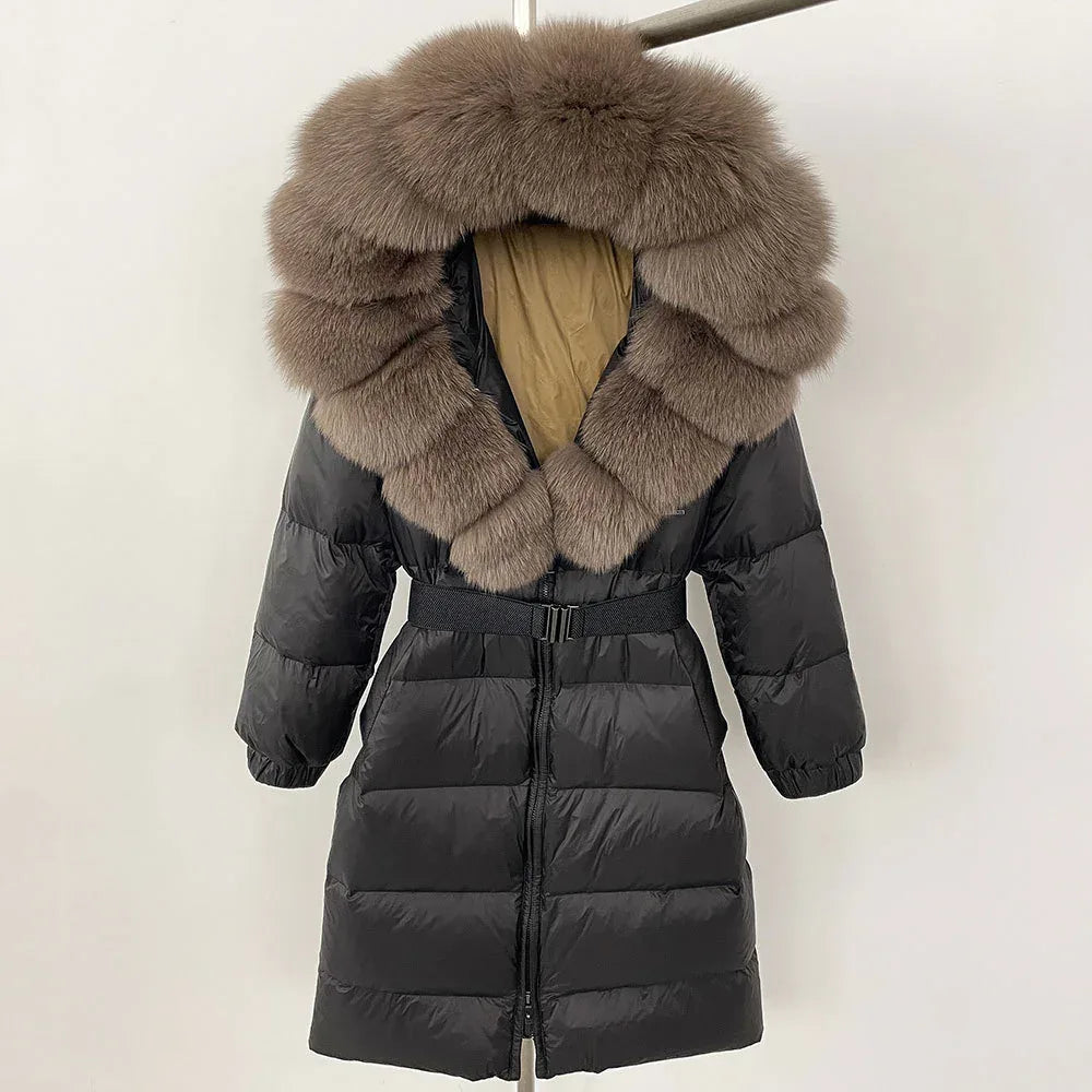 Women's Long Cinched Hoodie Real Fox Fur Collar Coat 2026 - Winter Jacket - DanaFashionstore