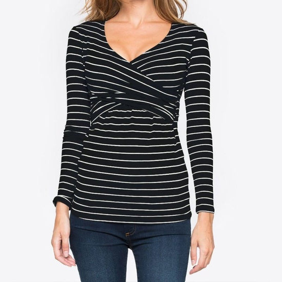 Deep V-neck print long sleeves $20.27 Dana Fashion Color: Black stripes Size: L Baby & Mother Main fabric composition: polyester fiber