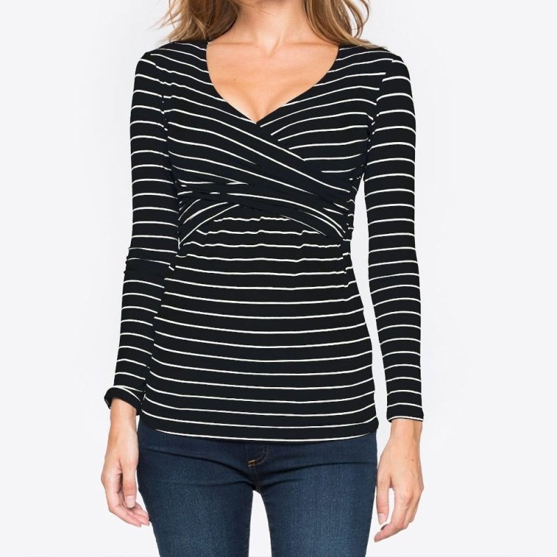 Deep V-neck print long sleeves $20.27 Dana Fashion Color: Black stripes Size: L Baby & Mother Main fabric composition: polyester fiber