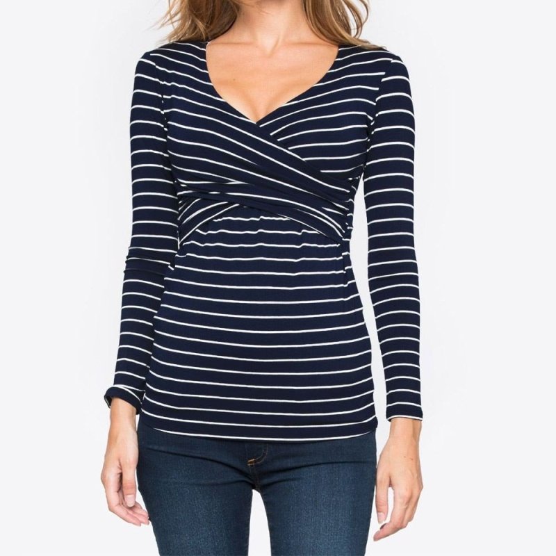 Deep V-neck print long sleeves $20.27 Dana Fashion Color: Blue stripes Size: L Baby & Mother Main fabric composition: polyester fiber