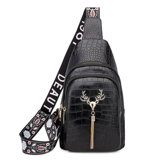 Deer Tassel Design Crossbody Bag Fashion Letter Embroidery Chest Bags For Women $36.48 Dana Fashion Color: Black Stone Pattern Women's Bags Product information: Color: black stone pattern, green stone pattern, white stone pattern, yellow Style: Urban mini