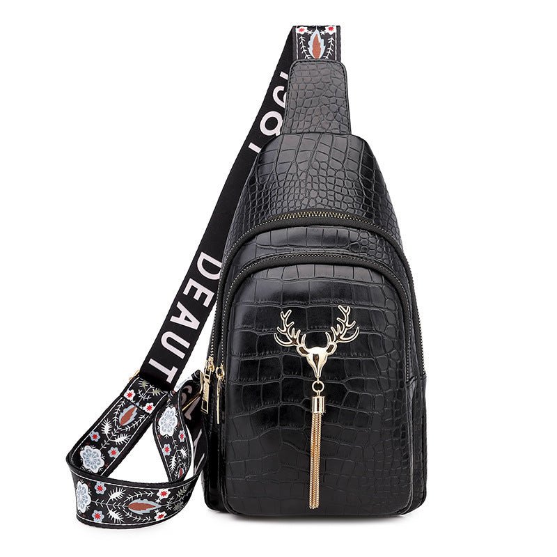 Deer Tassel Design Crossbody Bag Fashion Letter Embroidery Chest Bags For Women $36.48 Dana Fashion Color: Black Stone Pattern Women's Bags Product information: Color: black stone pattern, green stone pattern, white stone pattern, yellow Style: Urban mini