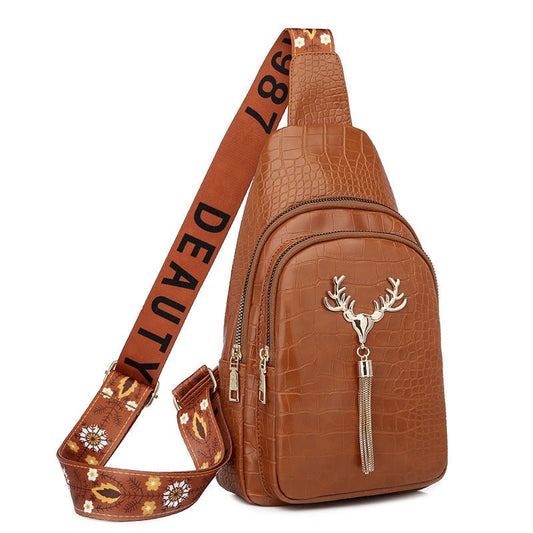 Deer Tassel Design Crossbody Bag Fashion Letter Embroidery Chest Bags For Women $36.48 Dana Fashion Color: Black Stone Pattern Women's Bags Product information: Color: black stone pattern, green stone pattern, white stone pattern, yellow Style: Urban mini