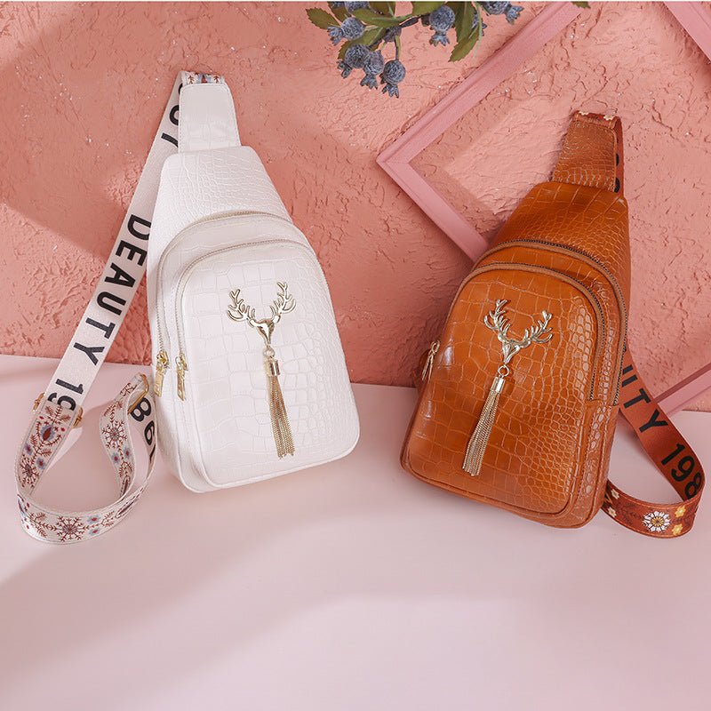 Deer Tassel Design Crossbody Bag Fashion Letter Embroidery Chest Bags For Women $36.48 Dana Fashion Color: Black Stone Pattern Women's Bags Product information: Color: black stone pattern, green stone pattern, white stone pattern, yellow Style: Urban mini
