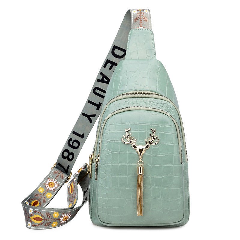Deer Tassel Design Crossbody Bag Fashion Letter Embroidery Chest Bags For Women $56.19 Dana Fashion Color: Green Stone Pattern Women's Bags Product information: Color: black stone pattern, green stone pattern, white stone pattern, yellow Style: Urban mini