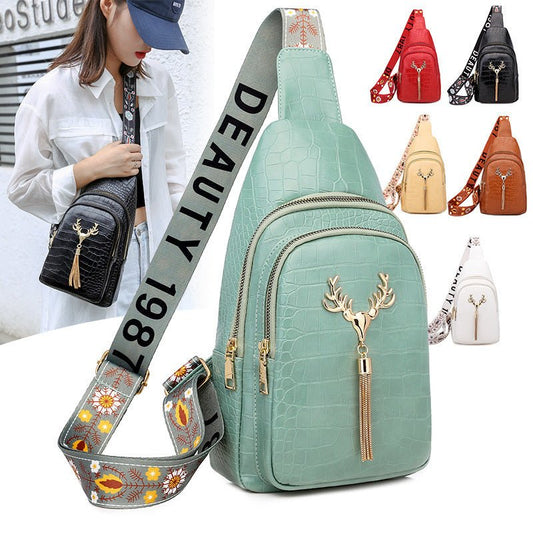 Deer Tassel Design Crossbody Bag Fashion Letter Embroidery Chest Bags For Women $36.48 Dana Fashion Color: Black Stone Pattern Women's Bags Product information: Color: black stone pattern, green stone pattern, white stone pattern, yellow Style: Urban mini
