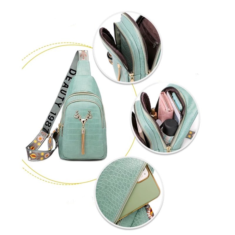 Deer Tassel Design Crossbody Bag Fashion Letter Embroidery Chest Bags For Women $36.48 Dana Fashion Color: Black Stone Pattern Women's Bags Product information: Color: black stone pattern, green stone pattern, white stone pattern, yellow Style: Urban mini