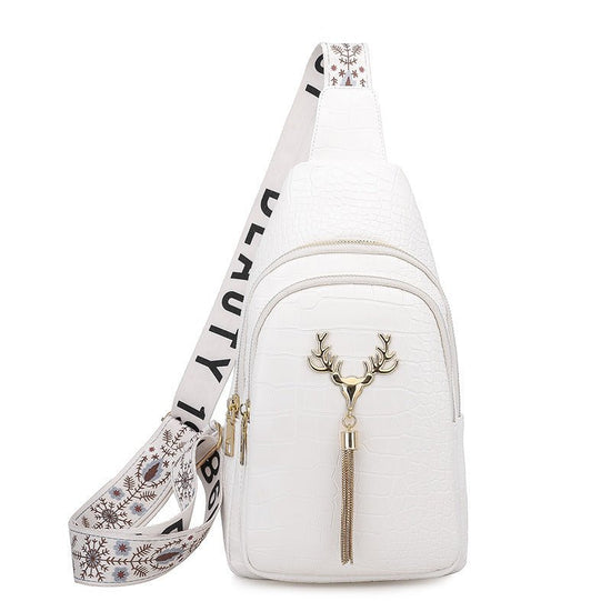 Deer Tassel Design Crossbody Bag Fashion Letter Embroidery Chest Bags For Women $56.55 Dana Fashion Color: White Stone Pattern Women's Bags Product information: Color: black stone pattern, green stone pattern, white stone pattern, yellow Style: Urban mini