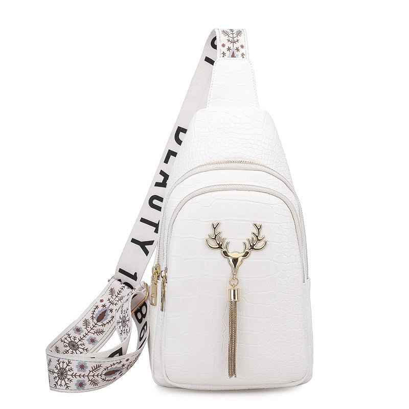 Deer Tassel Design Crossbody Bag Fashion Letter Embroidery Chest Bags For Women $56.55 Dana Fashion Color: White Stone Pattern Women's Bags Product information: Color: black stone pattern, green stone pattern, white stone pattern, yellow Style: Urban mini