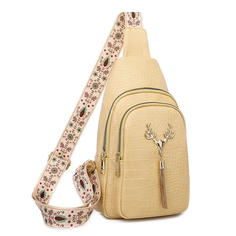 Deer Tassel Design Crossbody Bag Fashion Letter Embroidery Chest Bags For Women $36.48 Dana Fashion Color: Black Stone Pattern Women's Bags Product information: Color: black stone pattern, green stone pattern, white stone pattern, yellow Style: Urban mini