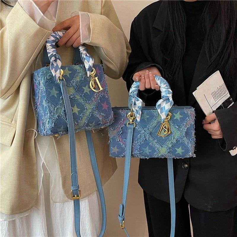 Denim Handbag Women's New Korean-style Fashion Shoulder Niche Texture Rhombus Crossbody Tote Bag $45.50 Dana Fashion Color Style: Beige Large Horizontal Size: Free Size Women's Bags Product information: Lining text: Polyester Applicable scenarios: Daily m