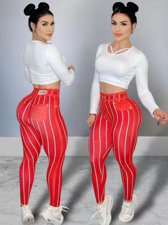 Denim Line Printing High Waist Yoga Pants $39.50 Dana Fashion Color: Navy Blue Size: L Women's clothing Product information: Applicable sports: Yoga Fitness Color: yellow, pink, red, dark blue, white Pants length: trousers Size: S,M,L,XL,XXL,XXXL Lining c