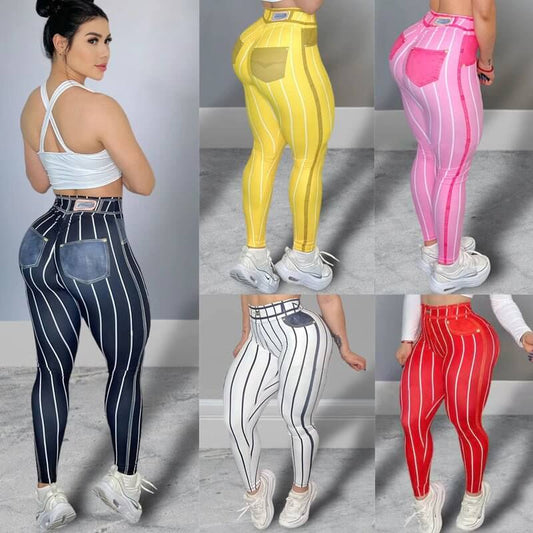 Denim Line Printing High Waist Yoga Pants $39.50 Dana Fashion Color: Navy Blue Size: L Women's clothing Product information: Applicable sports: Yoga Fitness Color: yellow, pink, red, dark blue, white Pants length: trousers Size: S,M,L,XL,XXL,XXXL Lining c