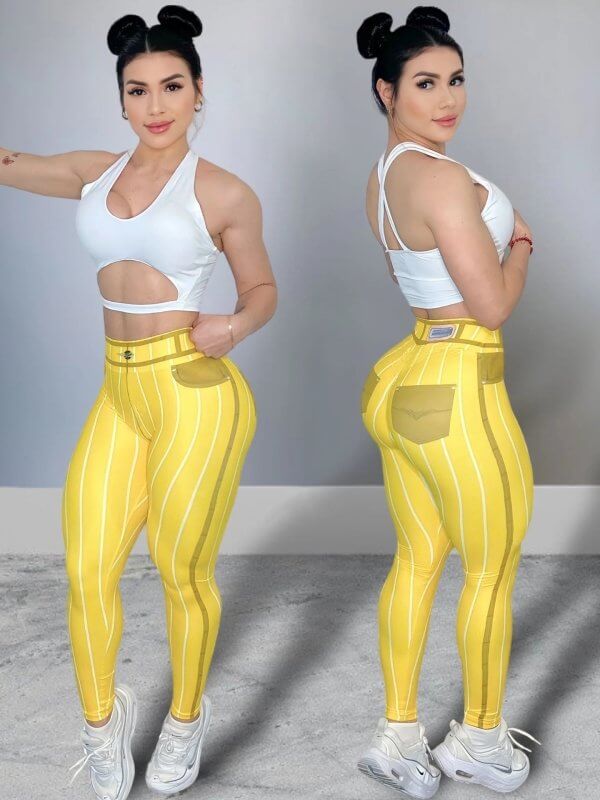 Denim Line Printing High Waist Yoga Pants $39.50 Dana Fashion Color: Yellow Size: L Women's clothing Product information: Applicable sports: Yoga Fitness Color: yellow, pink, red, dark blue, white Pants length: trousers Size: S,M,L,XL,XXL,XXXL Lining comp