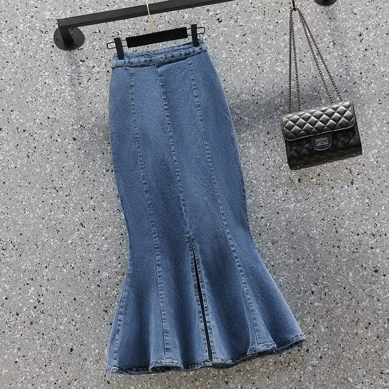 Denim Women's Ruffled Denim Skirt High Waist Slimming Stretch Midi Skirt $35.50 Dana Fashion Color: Blue Size: 2XL Women's clothing Product information: Fabric name: denim Skirt-type: fishtail skirt Color: Black, Blue Elasticity: Micro-elastic Main fabric