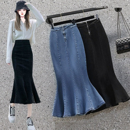 Denim Women's Ruffled Denim Skirt High Waist Slimming Stretch Midi Skirt $35.50 Dana Fashion Color: Black Size: 2XL Women's clothing Product information: Fabric name: denim Skirt-type: fishtail skirt Color: Black, Blue Elasticity: Micro-elastic Main fabri