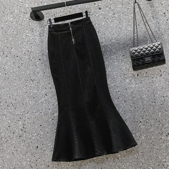 Denim Women's Ruffled Denim Skirt High Waist Slimming Stretch Midi Skirt $35.50 Dana Fashion Color: Black Size: 2XL Women's clothing Product information: Fabric name: denim Skirt-type: fishtail skirt Color: Black, Blue Elasticity: Micro-elastic Main fabri