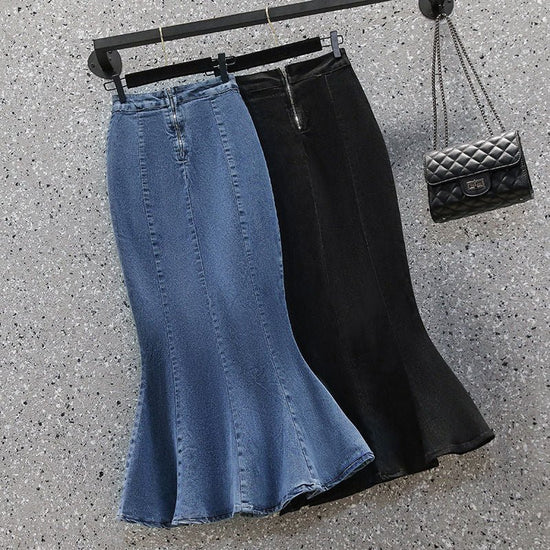 Denim Women's Ruffled Denim Skirt High Waist Slimming Stretch Midi Skirt $35.50 Dana Fashion Color: Black Size: 2XL Women's clothing Product information: Fabric name: denim Skirt-type: fishtail skirt Color: Black, Blue Elasticity: Micro-elastic Main fabri