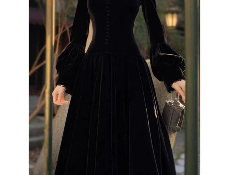 Design Hepburn Style Beautiful Temperament Long Dress $55.00 Dana Fashion Color: Black Size: 2XL Women's clothing Product information: Fabric name: gold velvet Skirt type: A- line skirt Color:Black Sleeve type: Lantern sleeve Main fabric composition: Poly