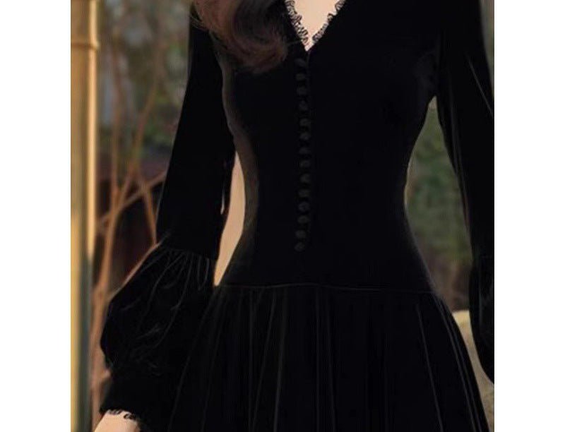 Design Hepburn Style Beautiful Temperament Long Dress $55.00 Dana Fashion Color: Black Size: 2XL Women's clothing Product information: Fabric name: gold velvet Skirt type: A- line skirt Color:Black Sleeve type: Lantern sleeve Main fabric composition: Poly