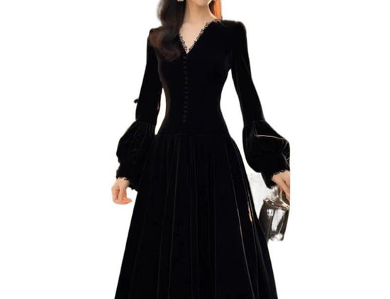 Design Hepburn Style Beautiful Temperament Long Dress $55.00 Dana Fashion Color: Black Size: 2XL Women's clothing Product information: Fabric name: gold velvet Skirt type: A- line skirt Color:Black Sleeve type: Lantern sleeve Main fabric composition: Poly