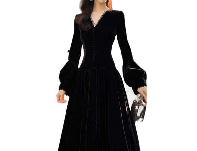 Design Hepburn Style Beautiful Temperament Long Dress $55.00 Dana Fashion Color: Black Size: 2XL Women's clothing Product information: Fabric name: gold velvet Skirt type: A- line skirt Color:Black Sleeve type: Lantern sleeve Main fabric composition: Poly