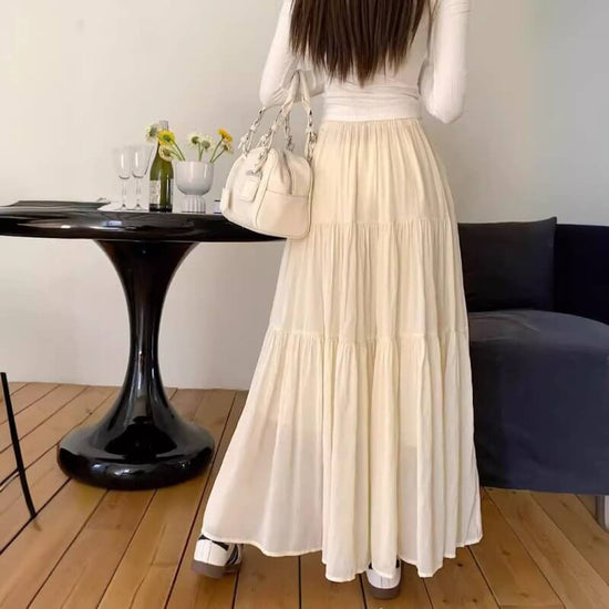 Design High Waist Slimming Expansion Skirt Loose All-match Stitching Skirt $39.50 Dana Fashion Color: Apricot Size: Free Size Women's clothing Product information: Fabric Name: ice porcelain Cotton Skirt-type: patchwork skirt Color: Black, apricot, pink,