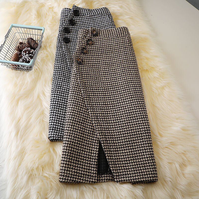 Design Houndstooth Midi Skirt $45.90 Dana Fashion Color: Black Size: 2XL Women's clothing Product information: Fabric name: Woolen Skirt-type: Princess dress Color: Gray,Brown Main fabric composition: Polyester Size: S,M,L,XL,XXL Style type: temperament c