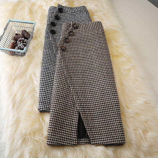Design Houndstooth Midi Skirt $45.90 Dana Fashion Color: Black Size: 2XL Women's clothing Product information: Fabric name: Woolen Skirt-type: Princess dress Color: Gray,Brown Main fabric composition: Polyester Size: S,M,L,XL,XXL Style type: temperament c