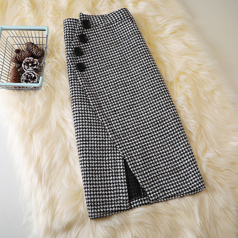 Design Houndstooth Midi Skirt $45.90 Dana Fashion Color: Black Size: 2XL Women's clothing Product information: Fabric name: Woolen Skirt-type: Princess dress Color: Gray,Brown Main fabric composition: Polyester Size: S,M,L,XL,XXL Style type: temperament c