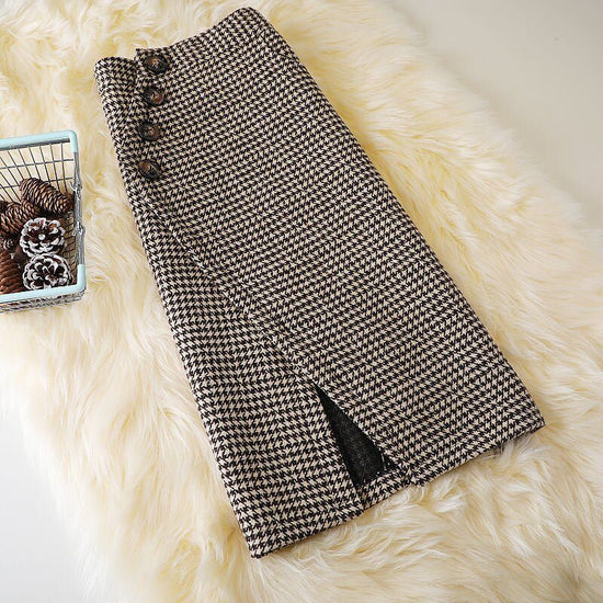 Design Houndstooth Midi Skirt $45.90 Dana Fashion Color: Coffee Color Size: 2XL Women's clothing Product information: Fabric name: Woolen Skirt-type: Princess dress Color: Gray,Brown Main fabric composition: Polyester Size: S,M,L,XL,XXL Style type: temper