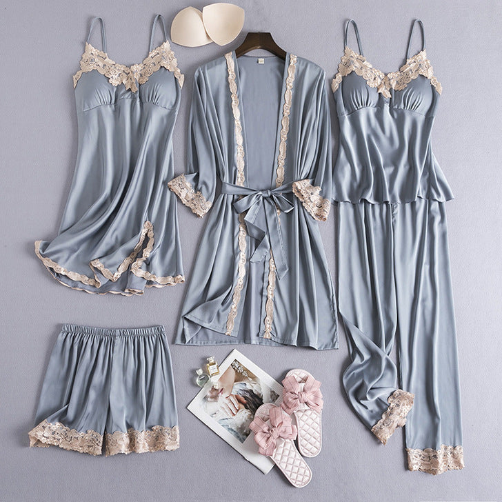 Ice Silk Sexy Slip Nightdress Silk Satin Nightgown With Chest Pad Five-piece Suit Homewear - Dana Fashion