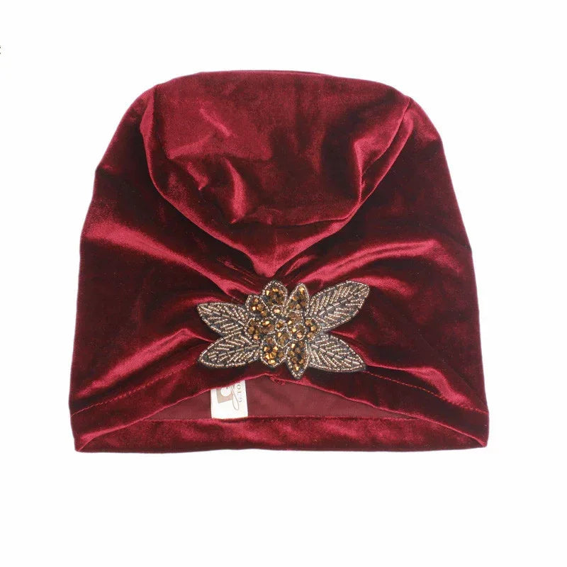Beaded Flower Accessories Turban Hat Velvet Pleated Hood - DanaFashionstore
