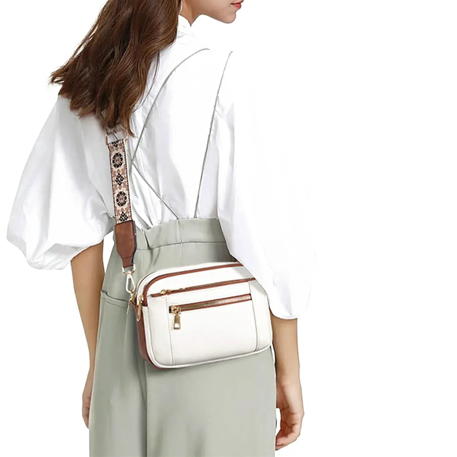 Triple-zipper Shoulder Bag With Floral Embroidered Straps Fashion Colorblock Multi-functional Crossbody Bags For Women - DanaFashionstore