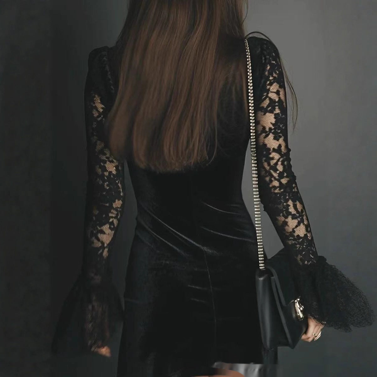 Solid-color Textured Long-sleeve Elegant French-style Dress