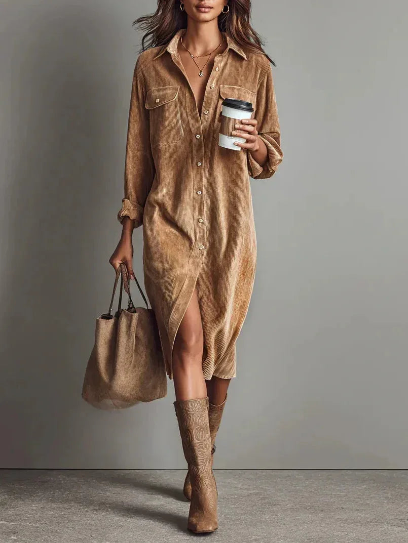 Turn-Down Collar Buttons Chic Casual Dress, Women Spring Autumn Solid Simple Party Dress, Long Sleeve Holiday Ladies Dress - DanaFashionstore