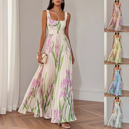 Floral Print Pleated Dress Summer A-Line Sleeveless Midi Dresses Women's Clothing